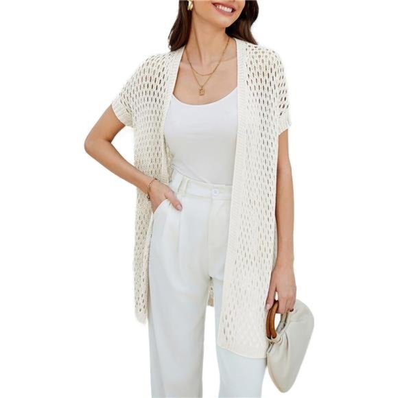 Mesh Cardigan Sweaters for Women Crochet Short Sleeve White
